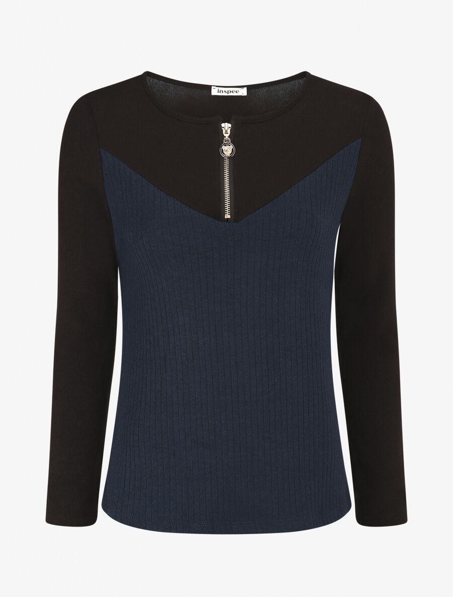 Pull bimatière à encolure zippée - Marine - 4