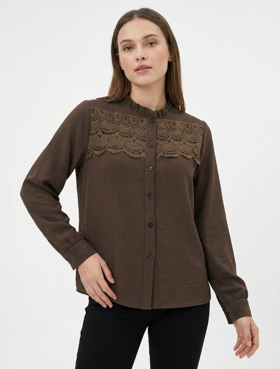 Blouse fluide en dentelle à poignets - Marron