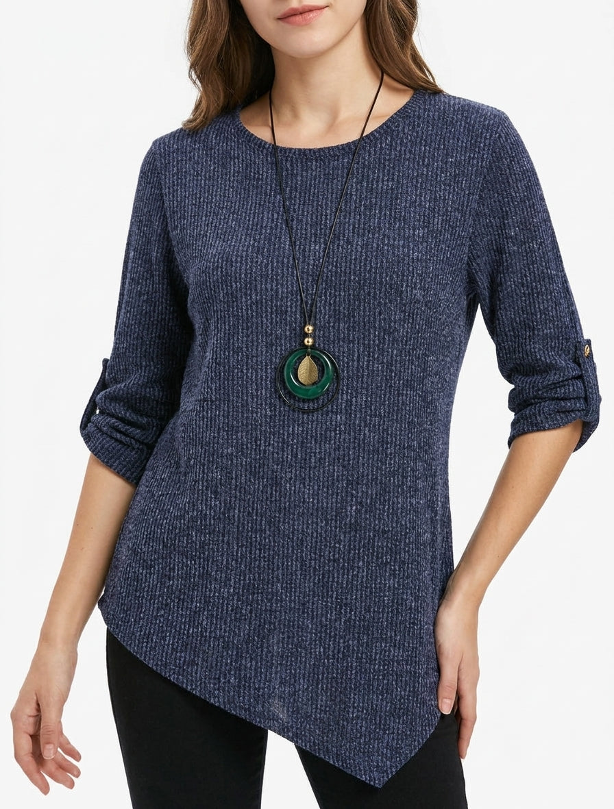 Pull côtelé encolure ronde asymétrique - Marine