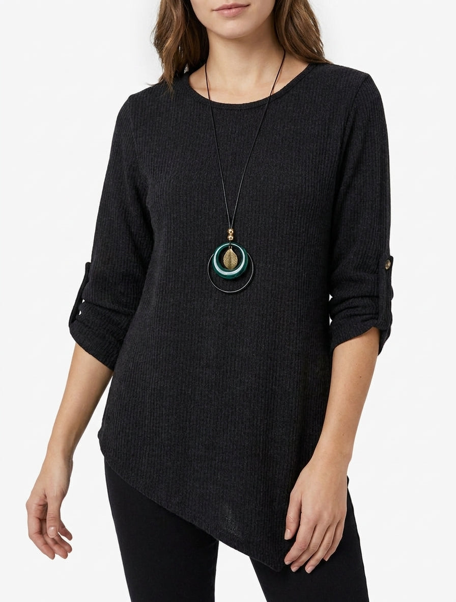 Pull côtelé encolure ronde asymétrique - Noir