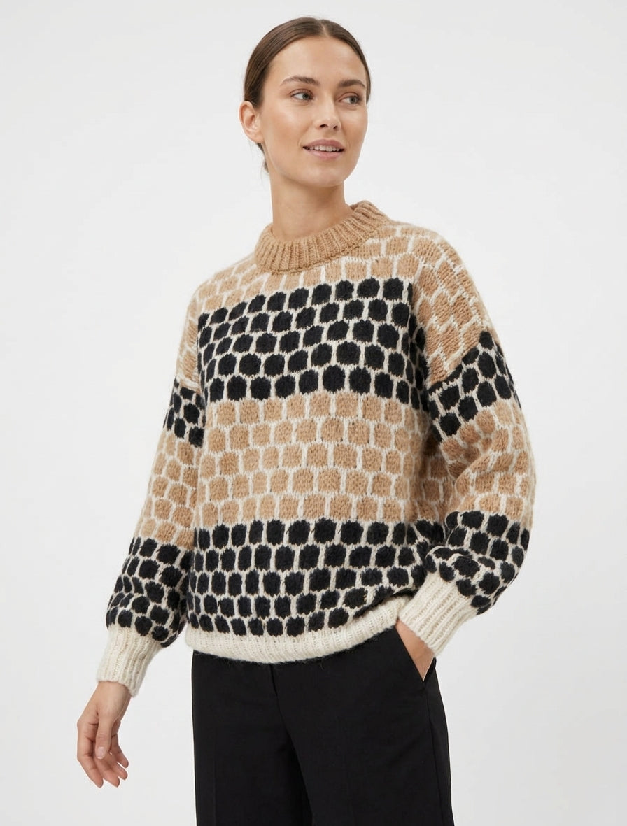 Pull ample en mohair à motif ronds - Camel/noir