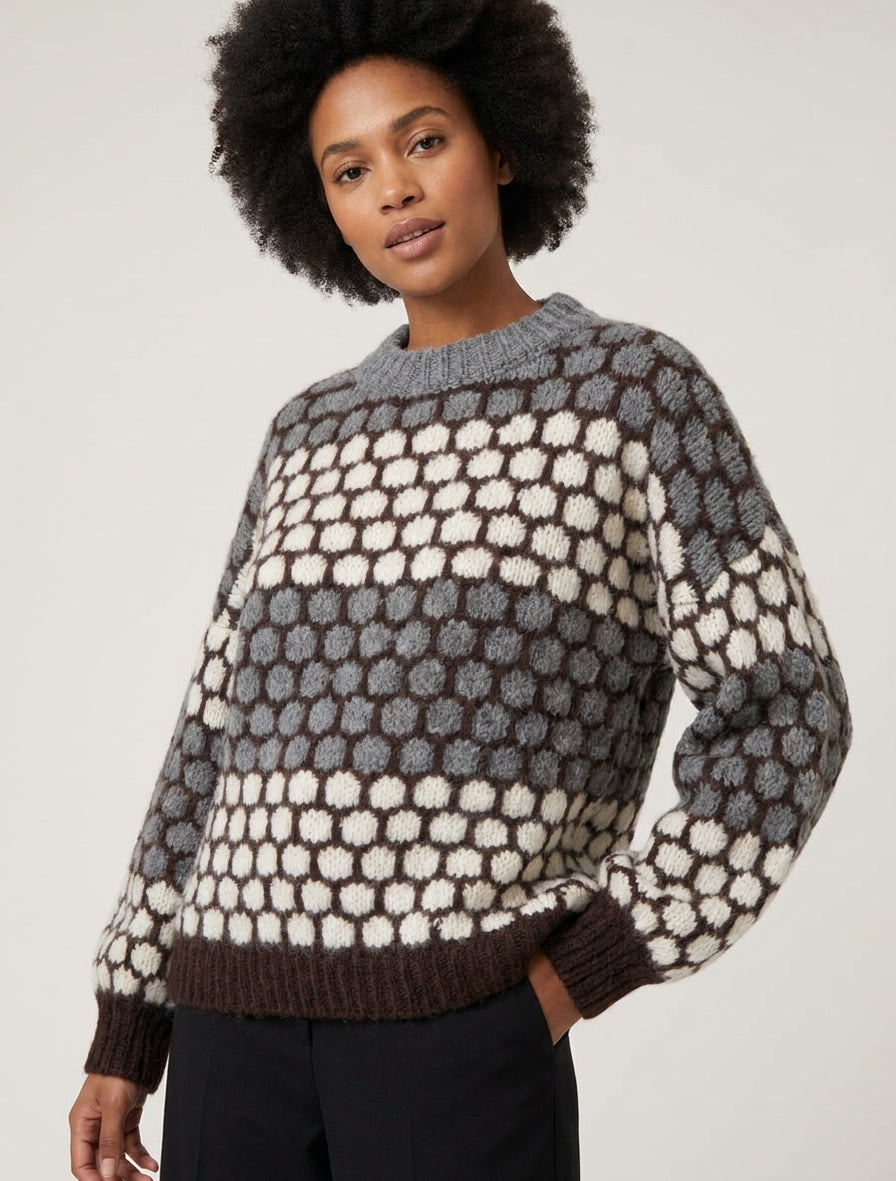 Pull en mohair col rond à motif ronds - Gris/écru