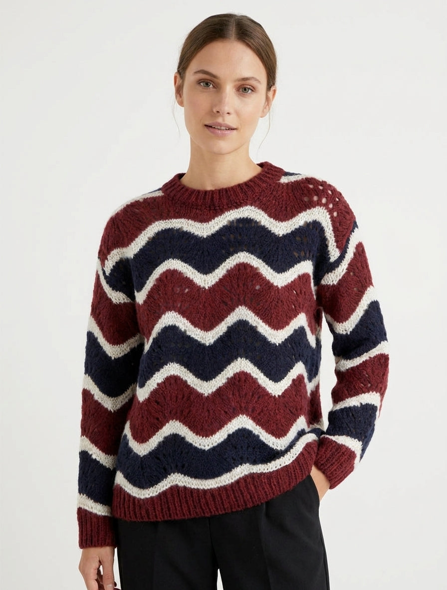 Pull mohair rayures courbées ajouré - Marine/bordeaux