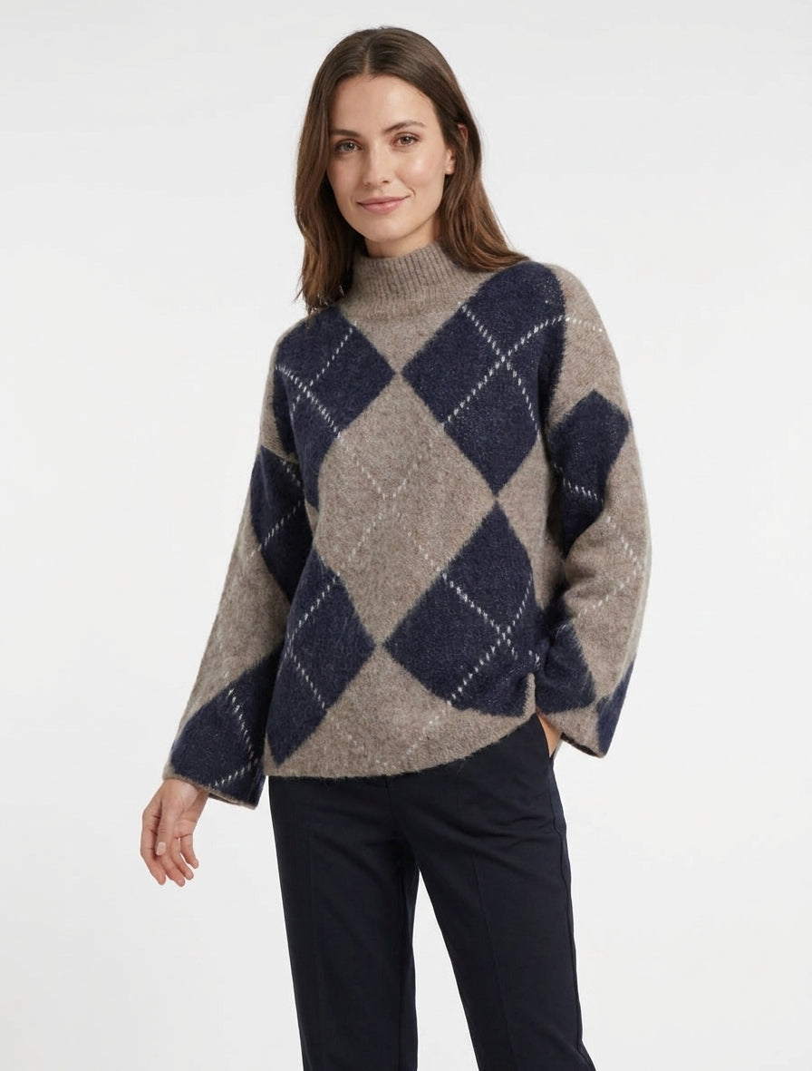 Pull col montant à carreaux mohair - Taupe