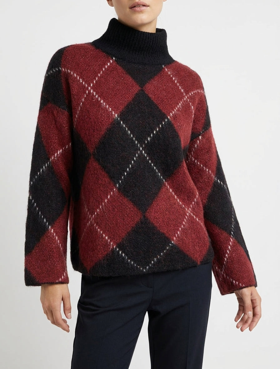 Pull col montant à carreaux mohair - Bordeaux