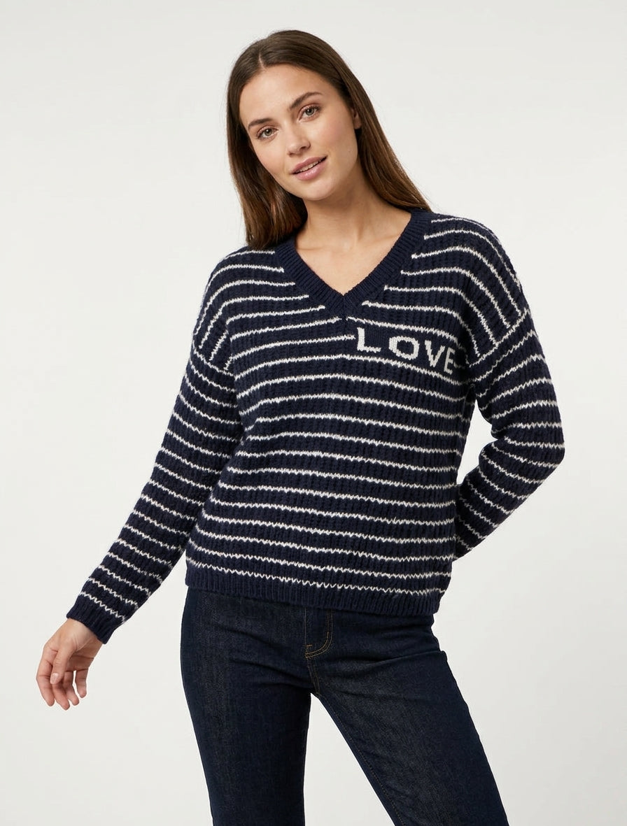 Pull mohair LOVE col V à rayures - Marine
