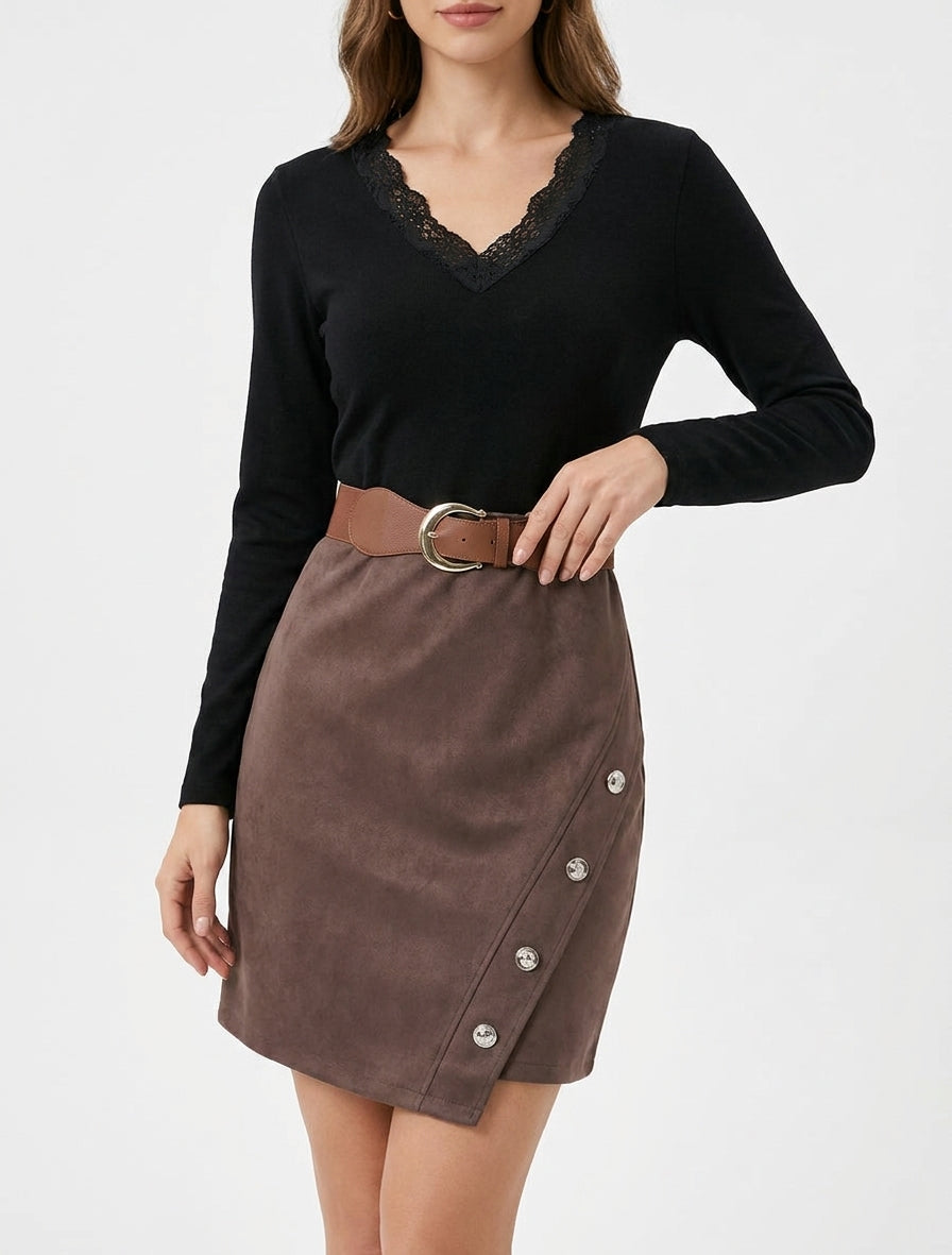 Robe droite col V dentelle - Noir