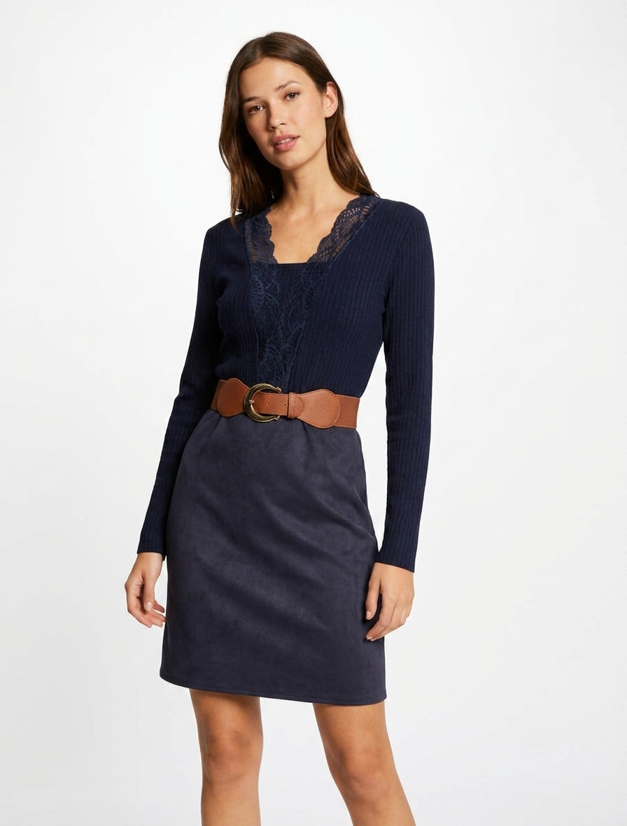 Robe droite col V dentelle et suédine - Marine