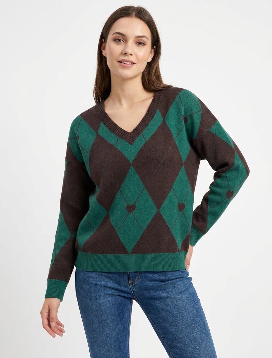 Pull à col V carreaux et cœur - Marron/vert foncé