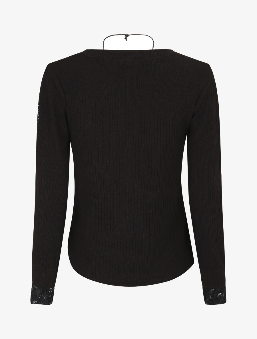 Pull côtelé à manches détails dentelle - Noir - 2