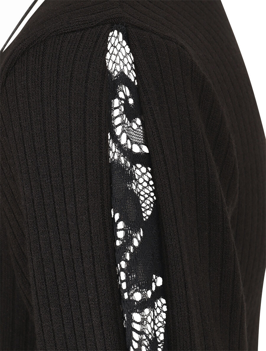 Pull côtelé à manches détails dentelle - Noir - 3