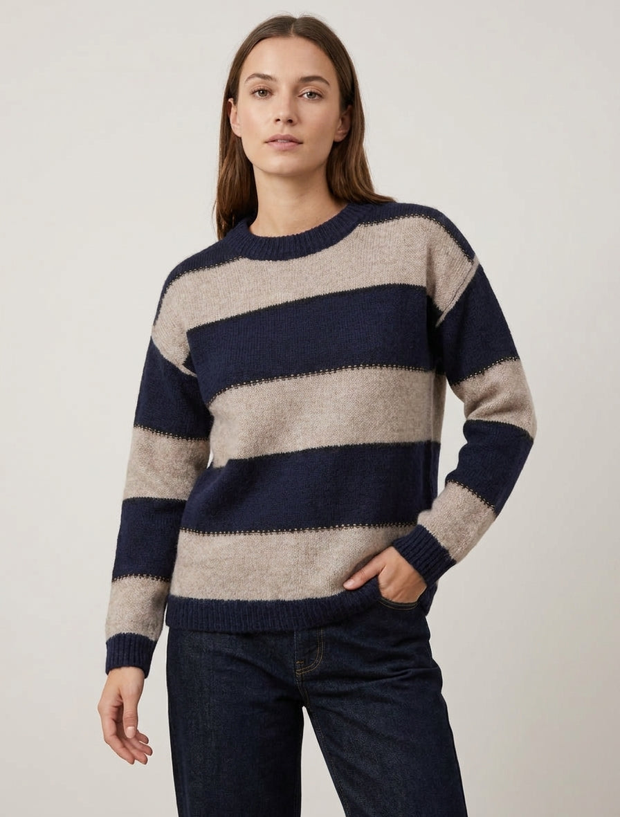 Pull à rayures col rond en mohair - Marine