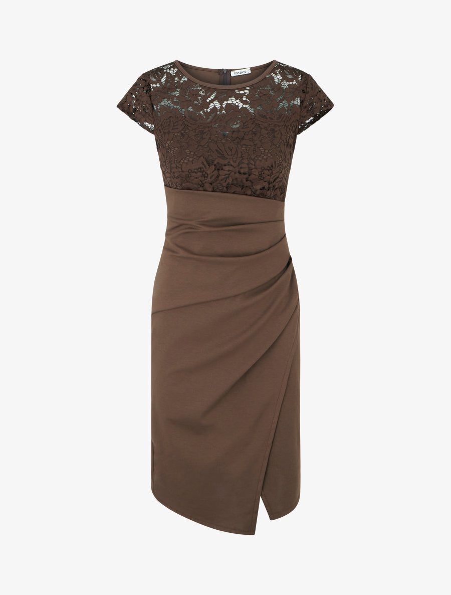 Robe portefeuille à buste dentelle - Marron - 1