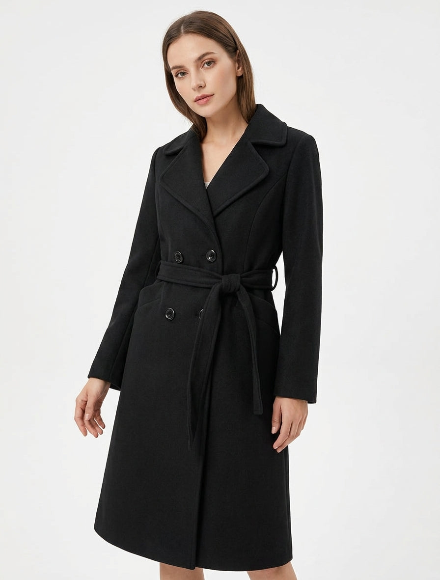 Manteau long ceinturé à épaulettes - Noir