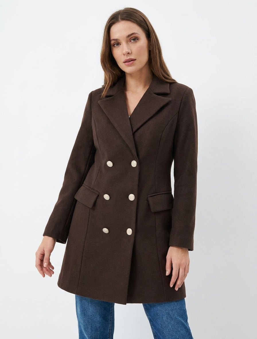 Manteau long à épaulettes - Chocolat