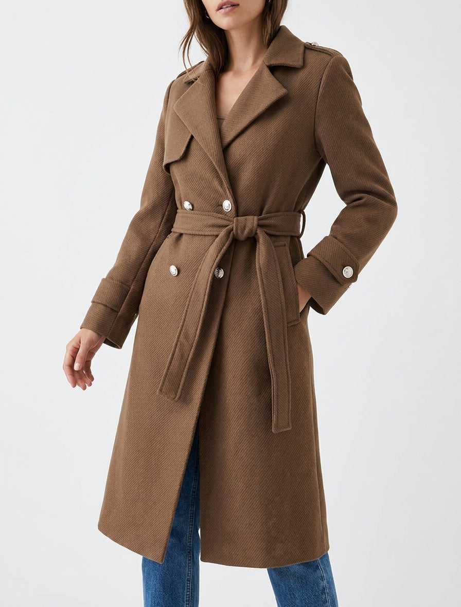 Manteau long ceinturé à épaulettes - Marron