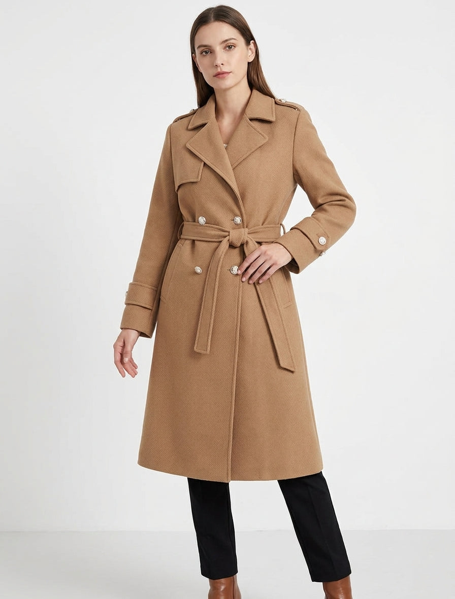 Manteau long texturé à ceinture - Camel