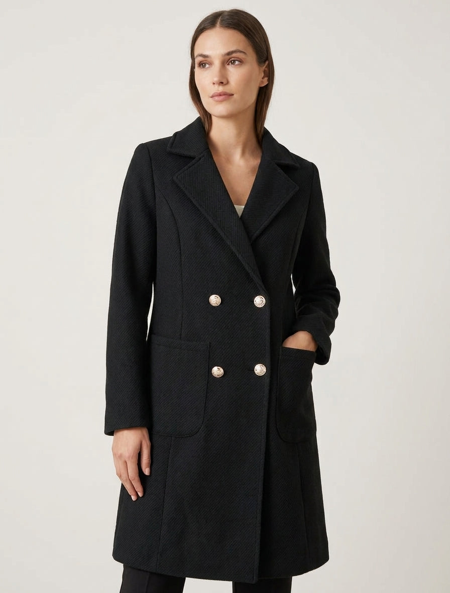 Manteau long croisé à épaulettes - Noir