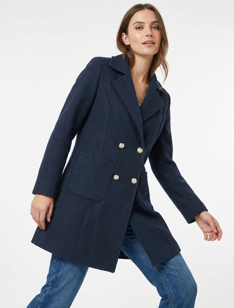 Manteau long croisé à épaulettes - Marine