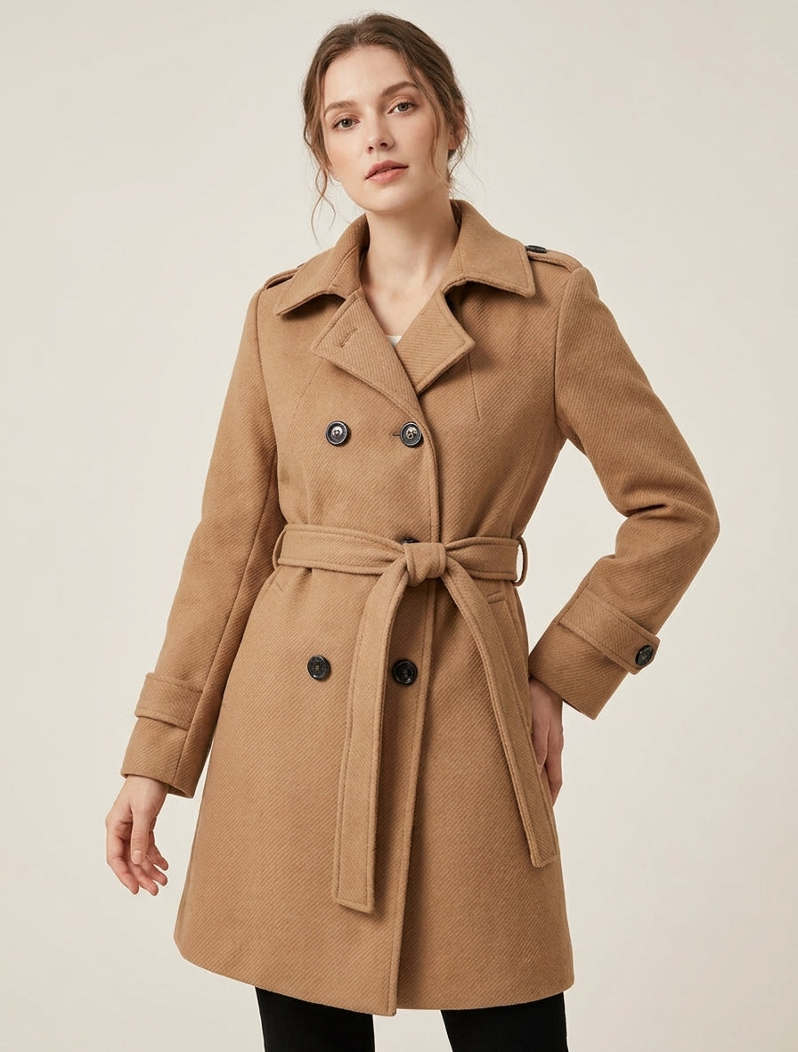 Manteau long croisé à ceinture - Camel