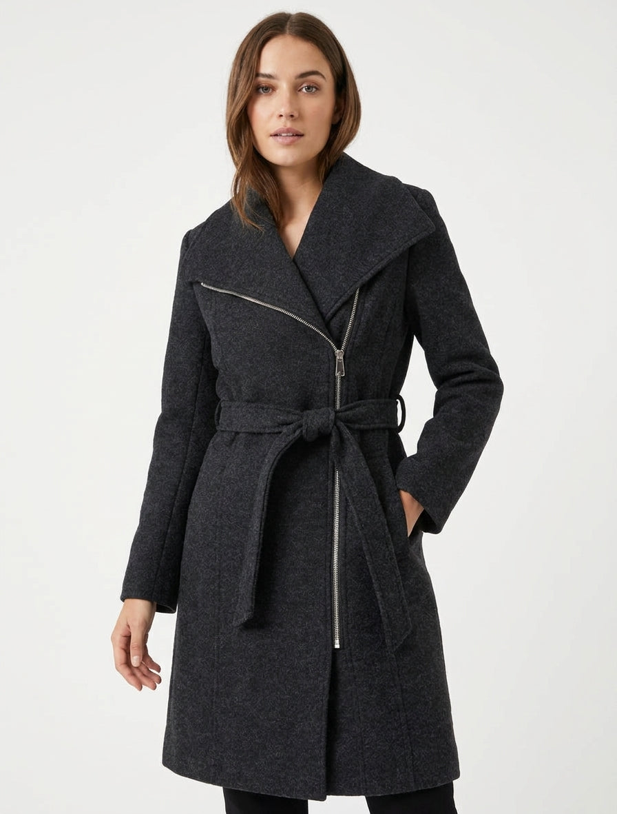 Manteau long ceinturé à épaulettes - Gris anthracite