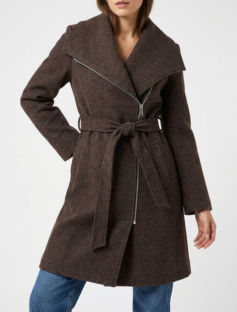 Manteau long ceinturé à épaulettes - Marron
