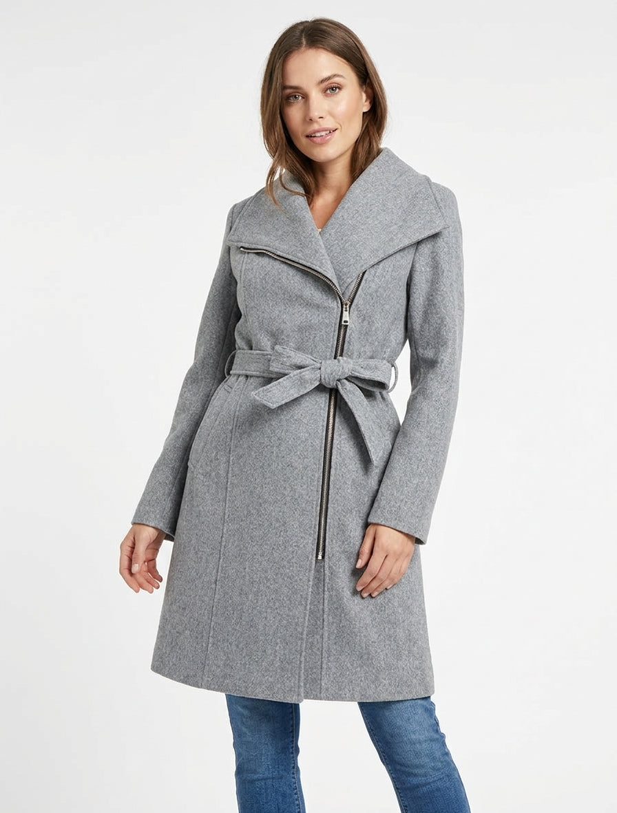 Manteau long ceinturé à épaulettes - Gris clair