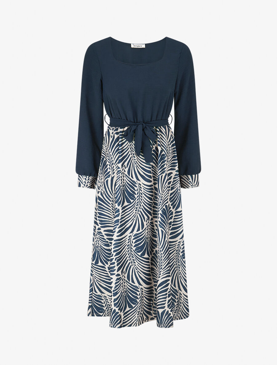 Robe évasée à jupe imprimé végétal - Marine - 1