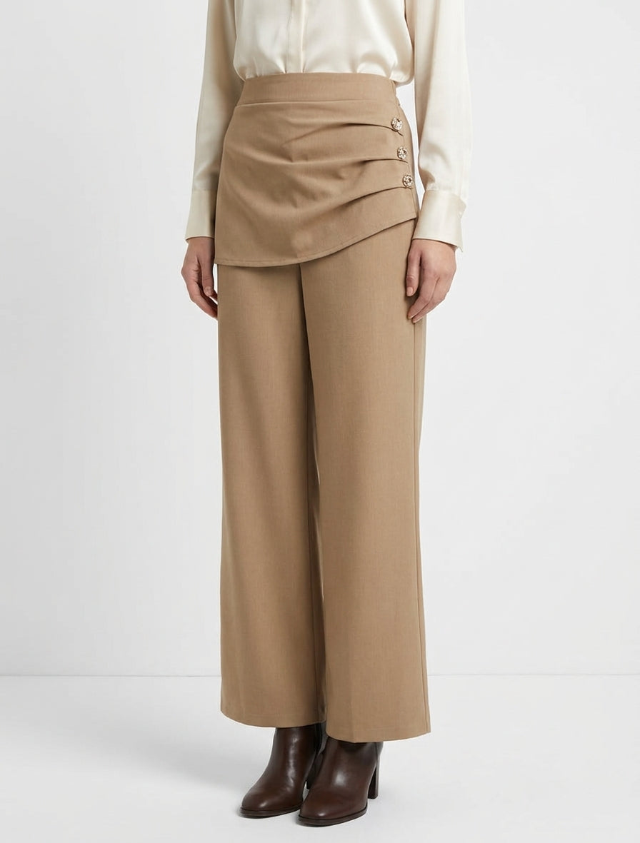 Pantalon ample drapé taille haute - Camel clair