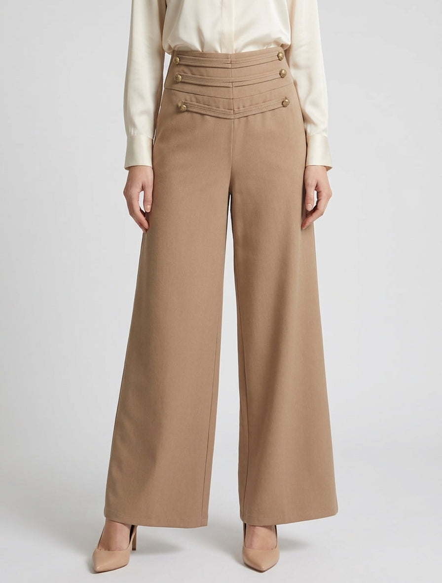 Pantalon droit taille haute à pont - Camel