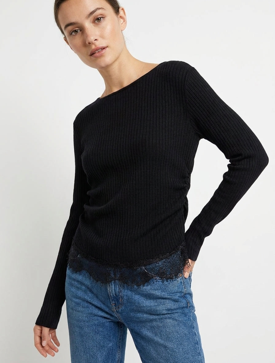Pull côtelé empiècement dentelle - Noir