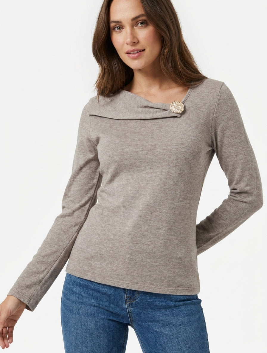 Pull fin avec broche décorative - Taupe