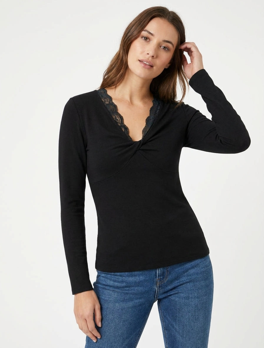 Pull fin col V à dentelle - Noir