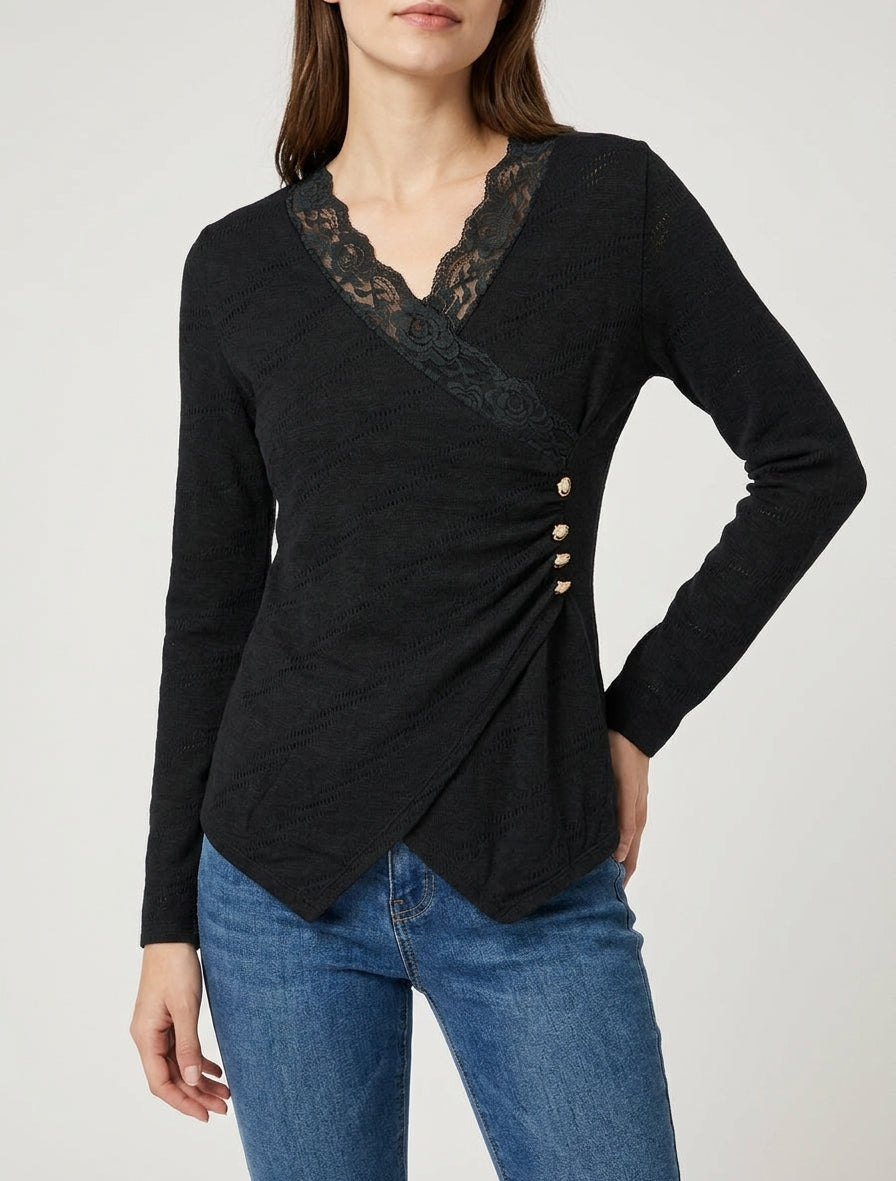 Pull fin cache-cœur en dentelle - Noir