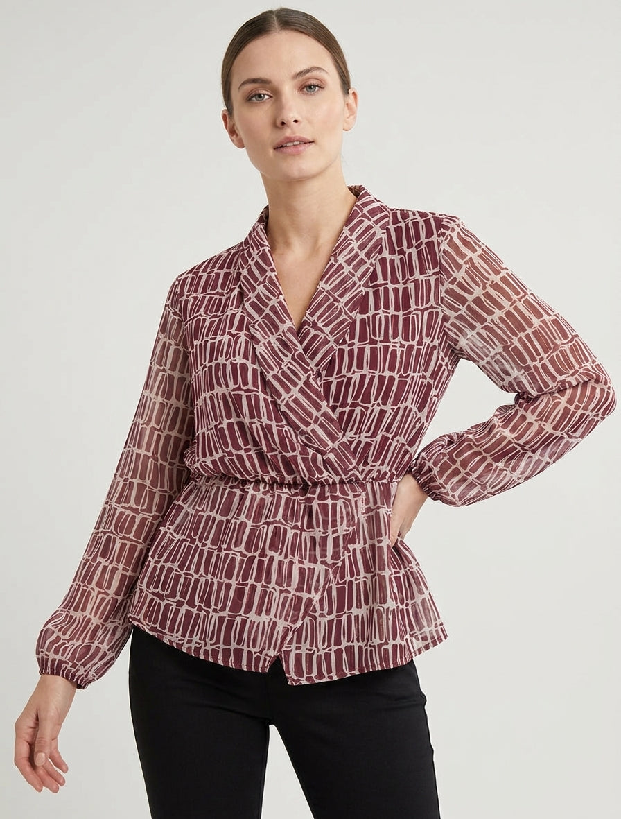 Blouse fluide péplum à manches transparentes - Bordeaux