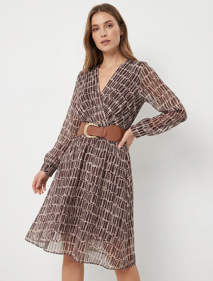 Robe mi-longue col V rayures irisées - Marron