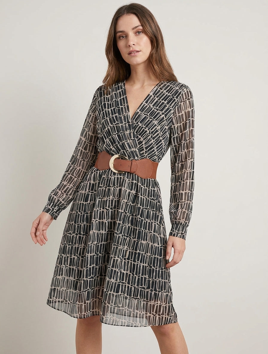 Robe mi-longue col V manches transparentes - Noir