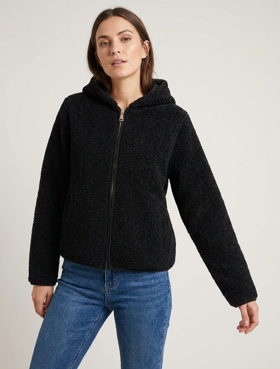 Veste zippée col montant effet bouclé - Noir