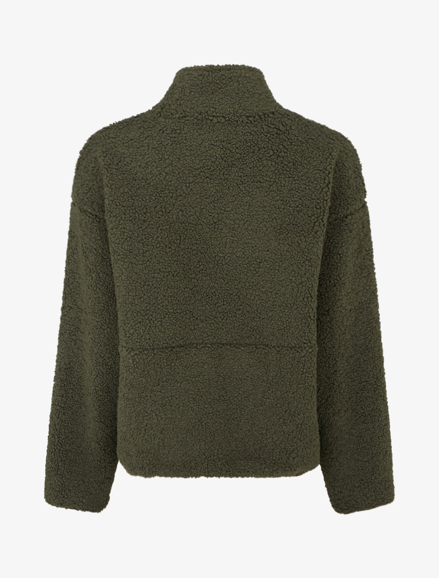 Veste effet laine bouclée à col montant - Kaki - 2