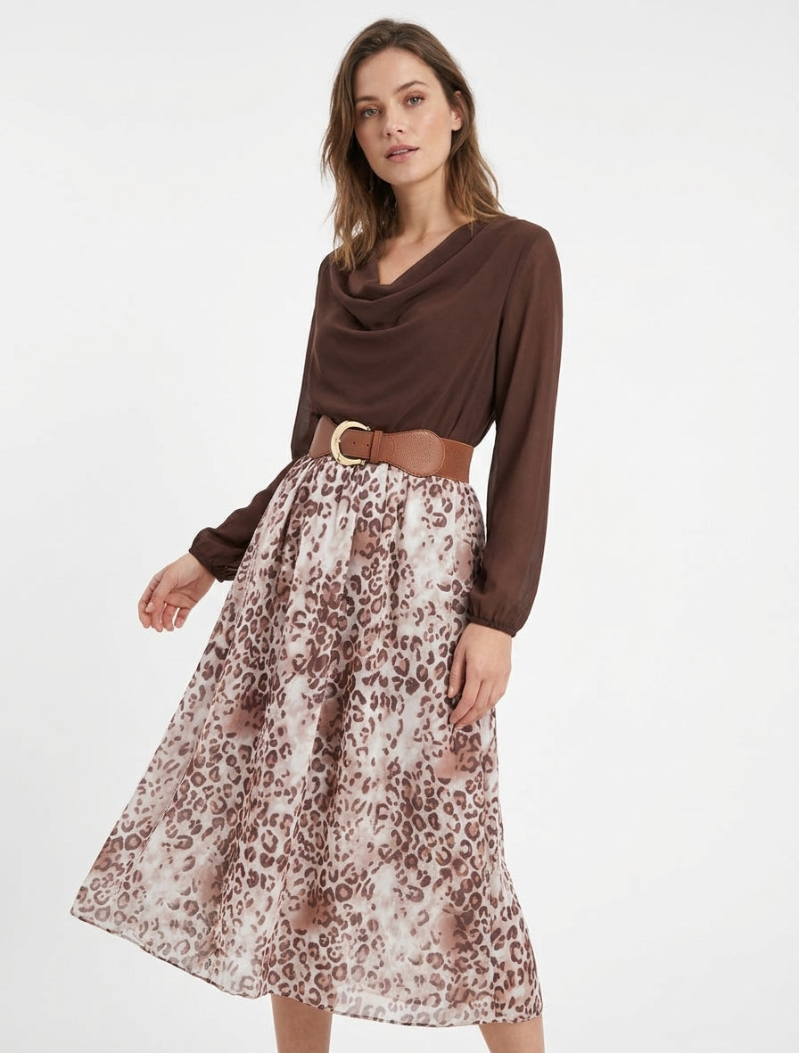 Robe fluide col bénitier léopard - Marron