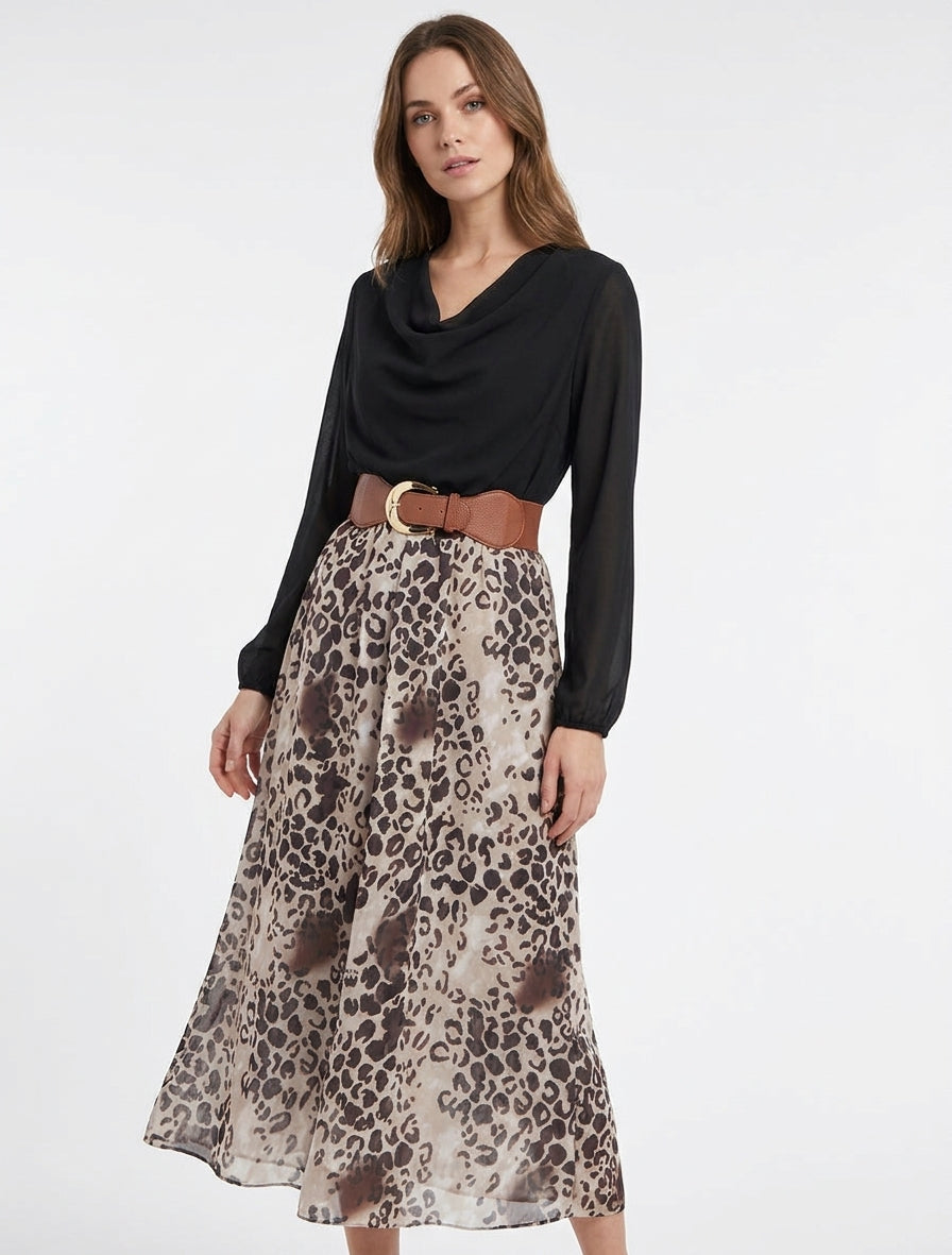 Robe fluide col bénitier imprimé léopard - Noir