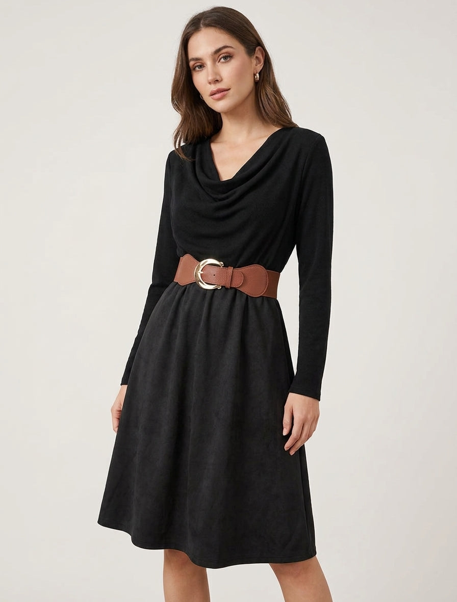 Robe bimatière évasée à ceinture - Noir