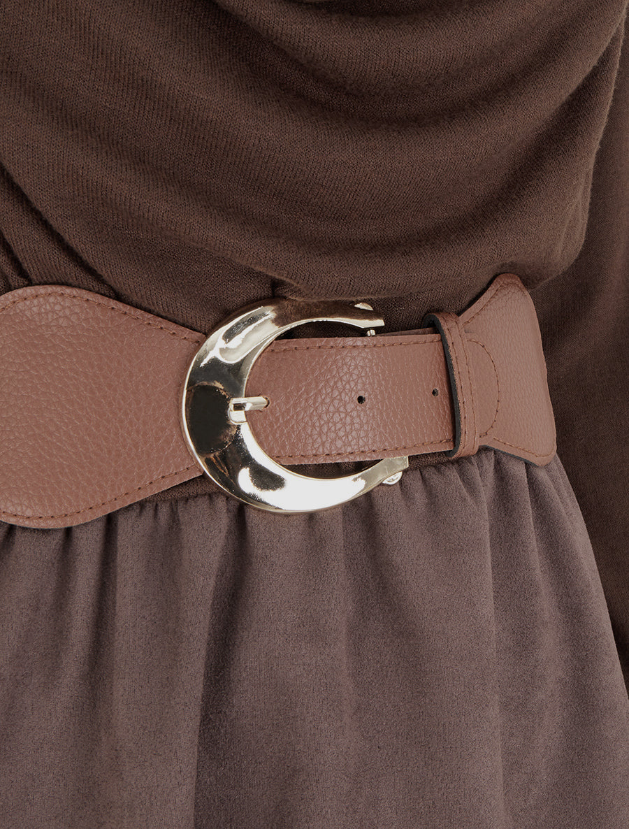 Robe bimatière à col bénitier - Marron - 3