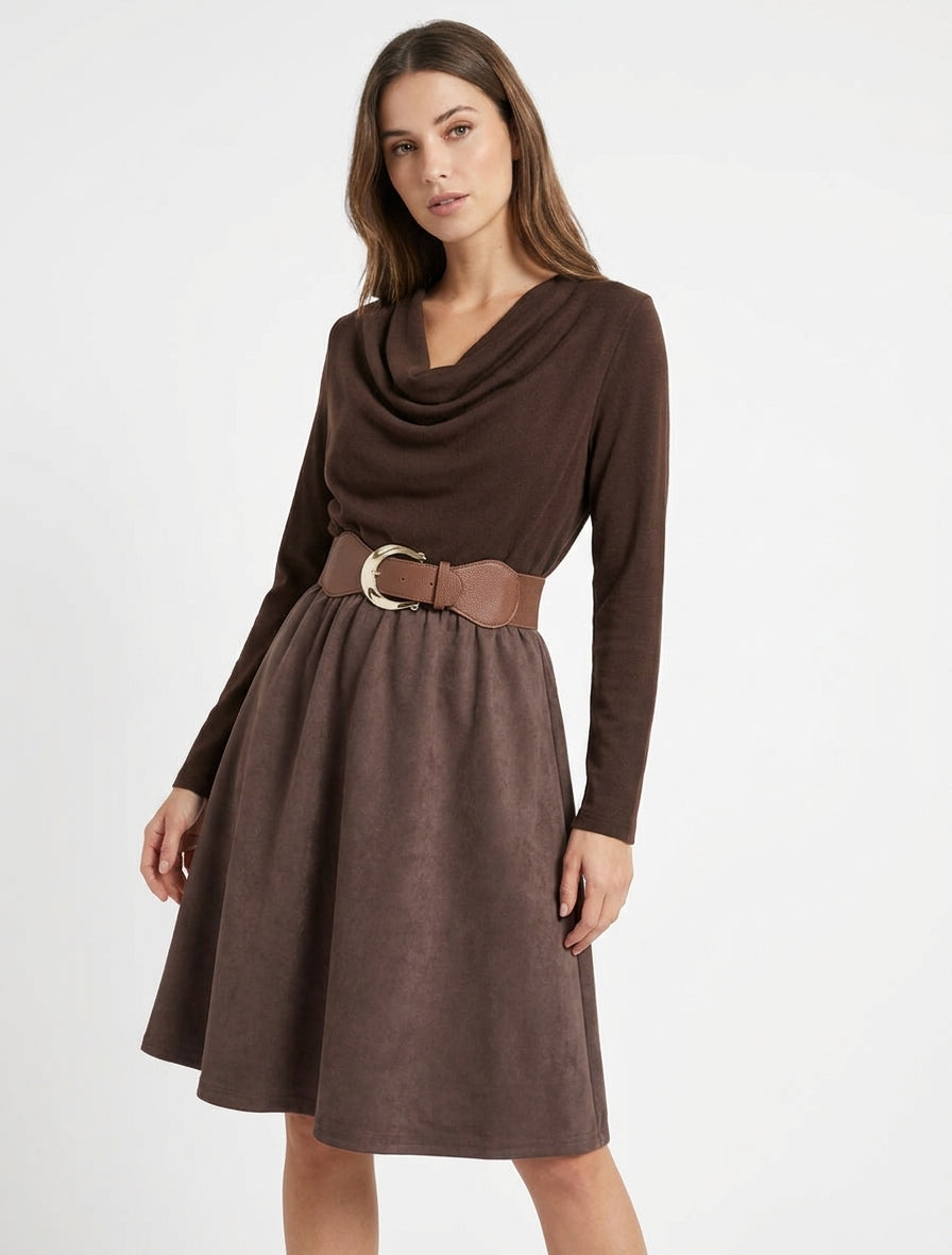 Robe bimatière évasée à ceinture - Marron