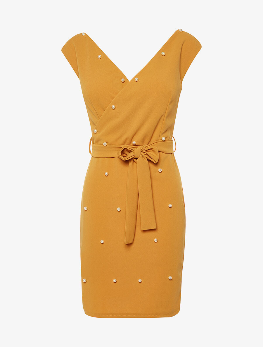 Robe perlée coeur-croisé - moutarde - 3