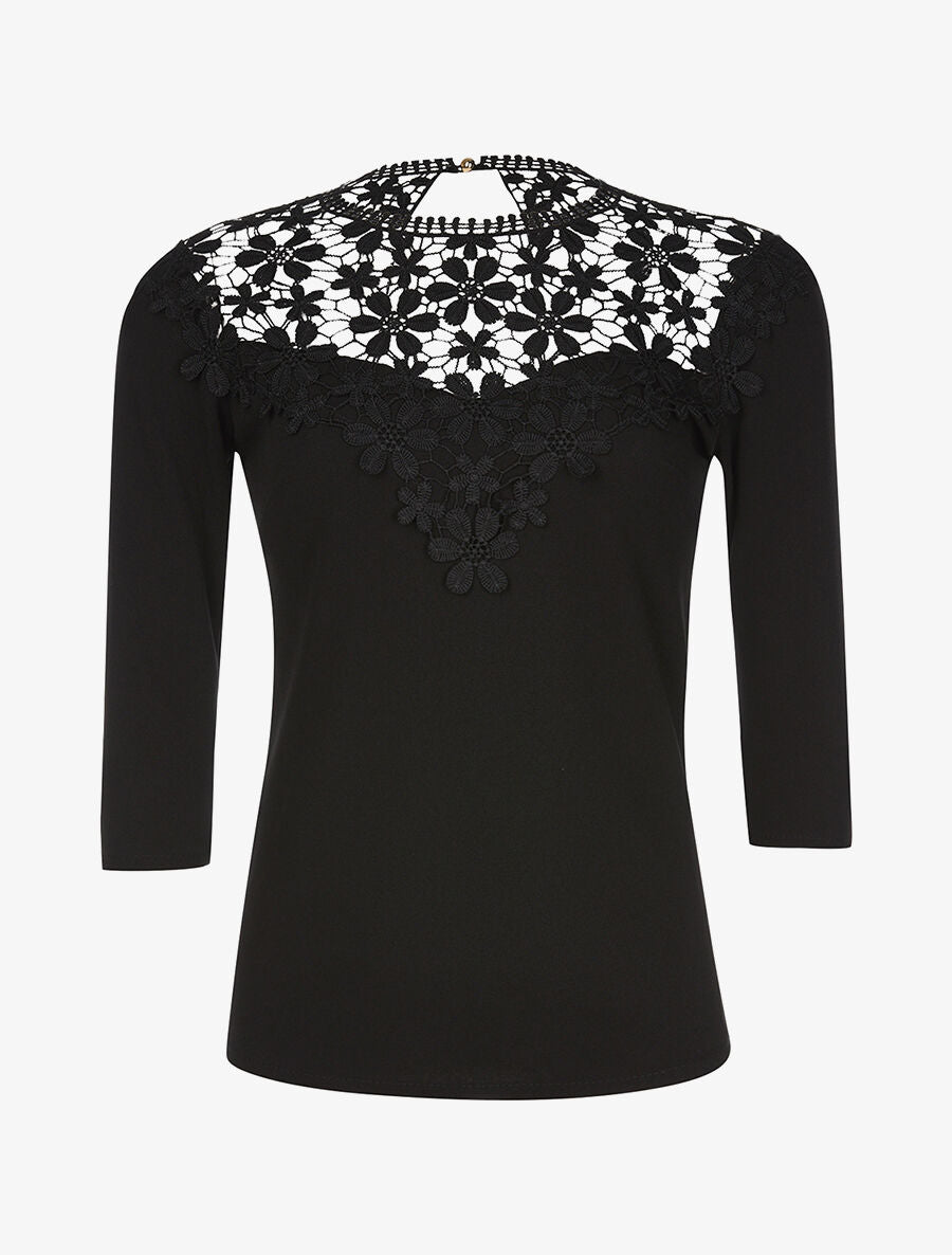 Top à plastron en dentelle - noir - 1