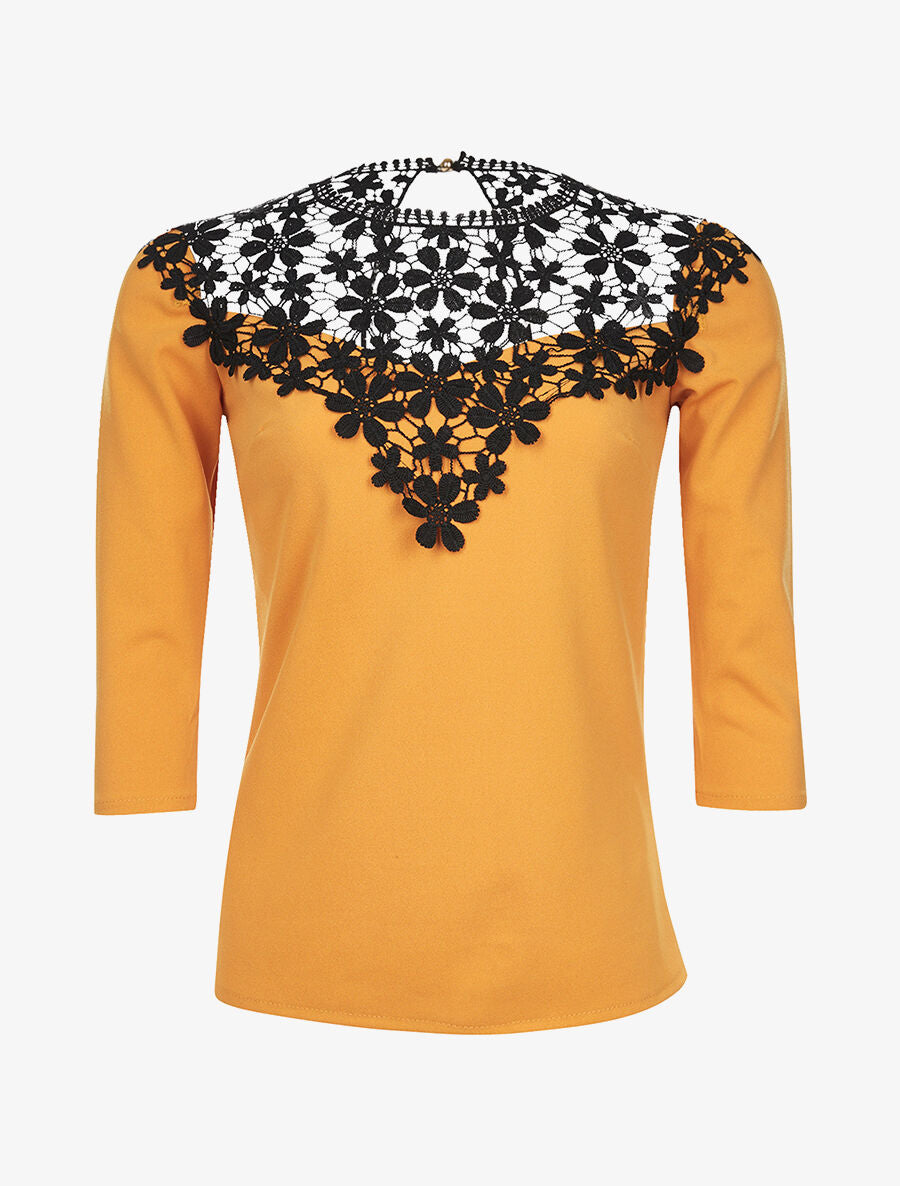 Top à plastron en dentelle - moutarde - 1
