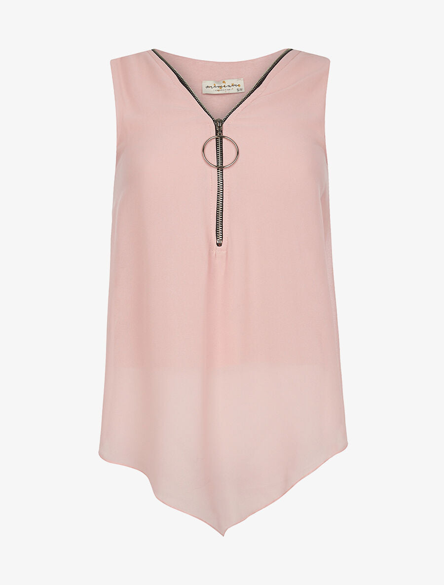 Top voile décolleté zippé - rose - 3