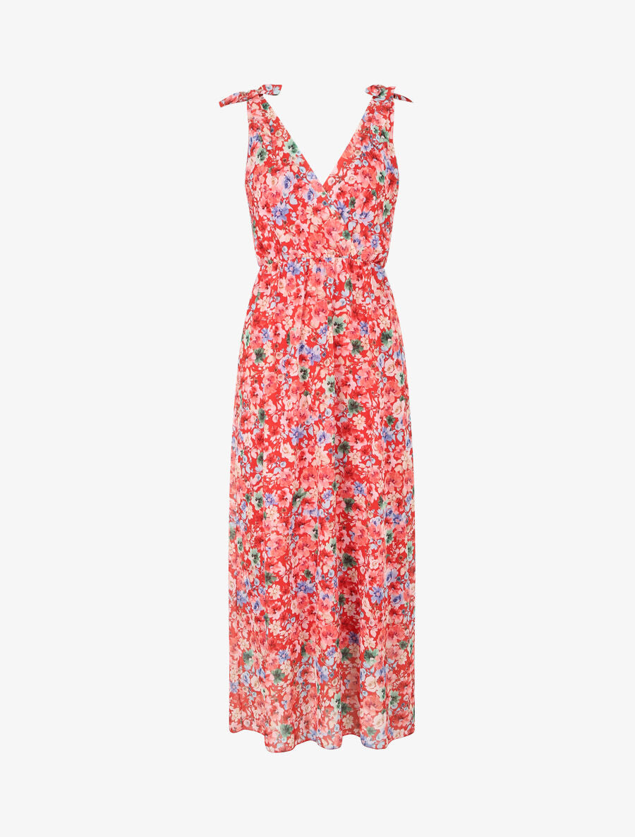 Robe imprimé fleurs champêtres à bretelles à détail noeud - Rouge - 1
