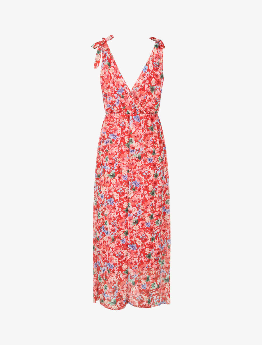Robe imprimé fleurs champêtres à bretelles à détail noeud - Rouge - 2